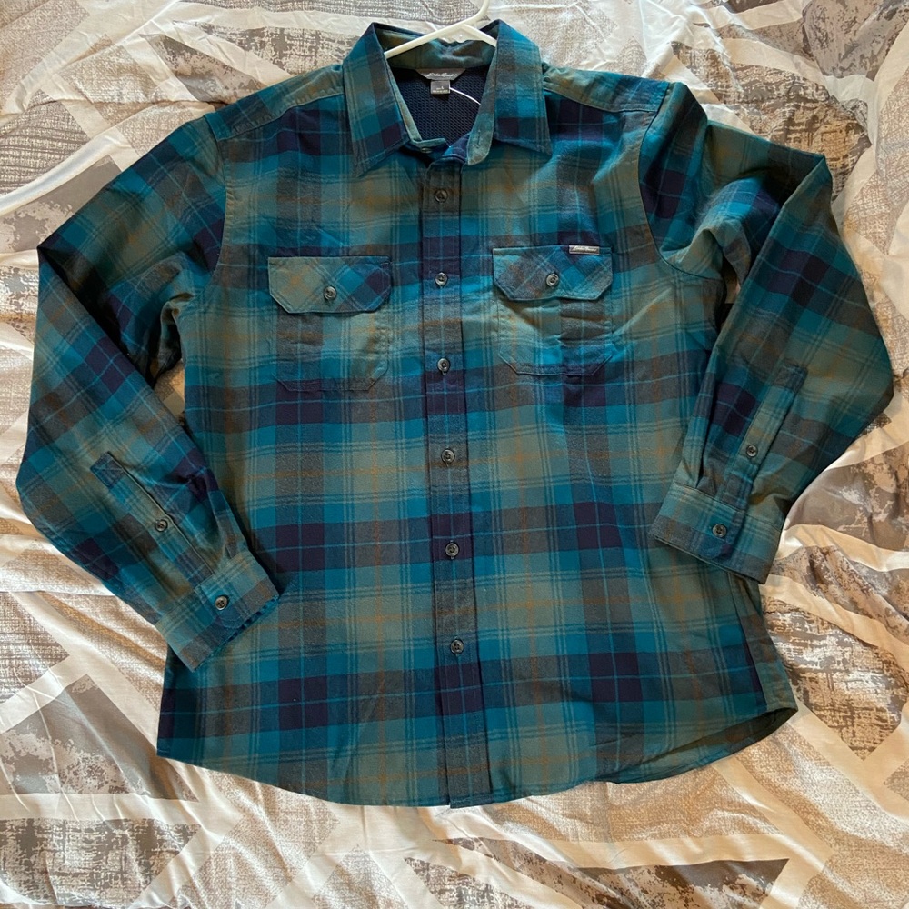 Never worn, blue/green flannel